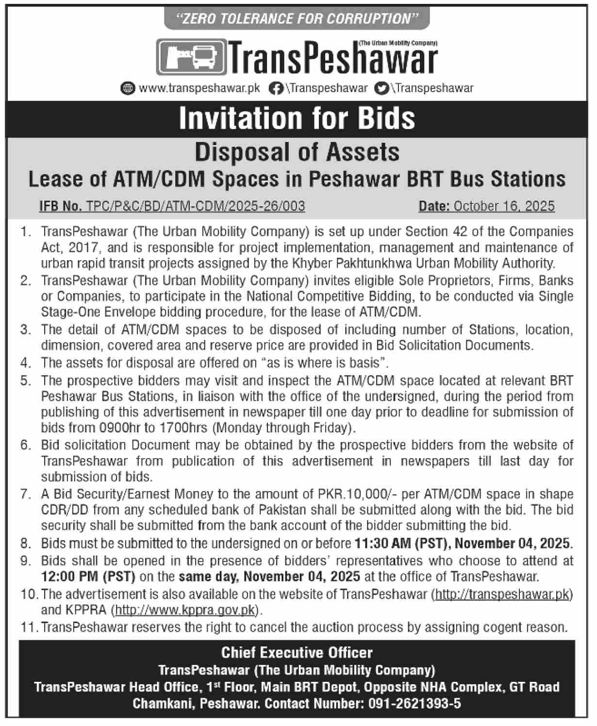 TransPeshawar Tender Notice